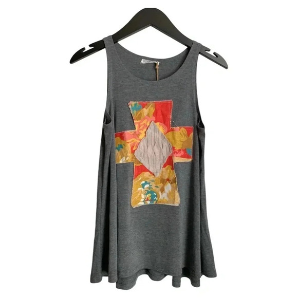 NWT Lost Petal Linen Gray Women's Tank Size Small Patchwork Cross Swing Top - Picture 1 of 10